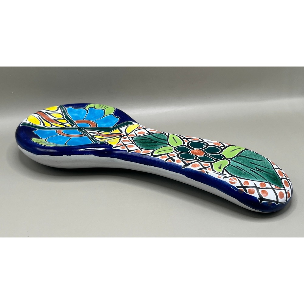 Talavera Pottery Spoon Rest Hand Painted Floral Mexican Folk Art Blue 10" Vtg